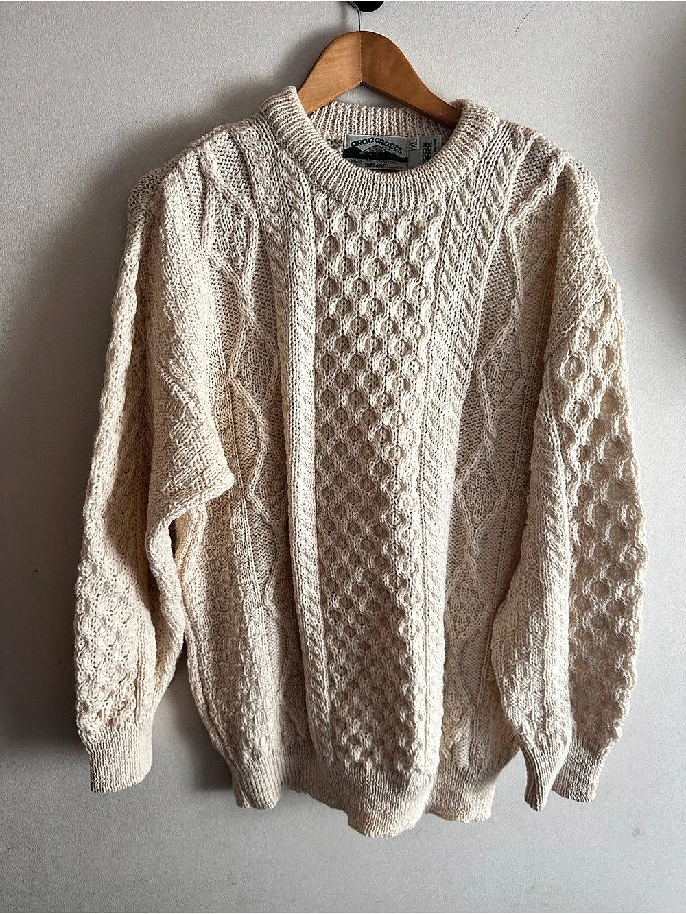 Grand Crofts Ireland 100% Wool Aran Cable Knit Fisherman Sweater XL